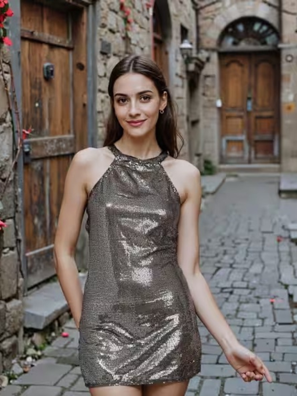 SHEIN Metallic Charcoal Sequin Halter Mini Dress